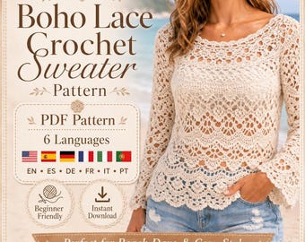 Ivoorkleurige gehaakte kanten trui, handgemaakte boho cottagecore-trui, lichtgewicht zomertop