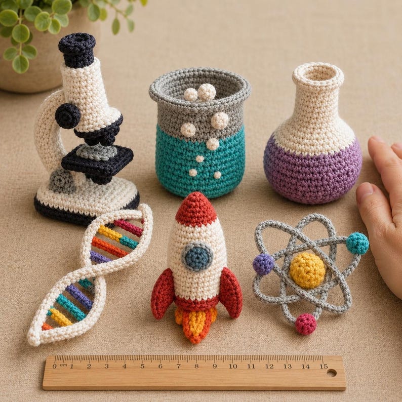 May include: A collection of crocheted science-themed items including a microscope, a beaker with bubbles, a flask, a DNA strand, a rocket, and an atom model, arranged above a wooden ruler measuring 15 centimeters in total length.