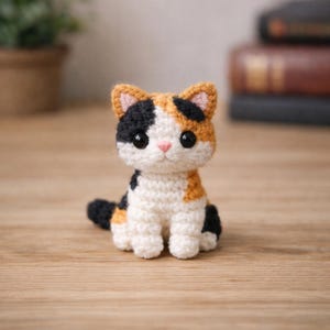 May include: A handmade crochet cat figurine in a sitting position. The cat has a white body with black and orange patches, large black eyes, and a pink nose. The ears are orange with pink inner details. The cat is sitting on a wooden surface.