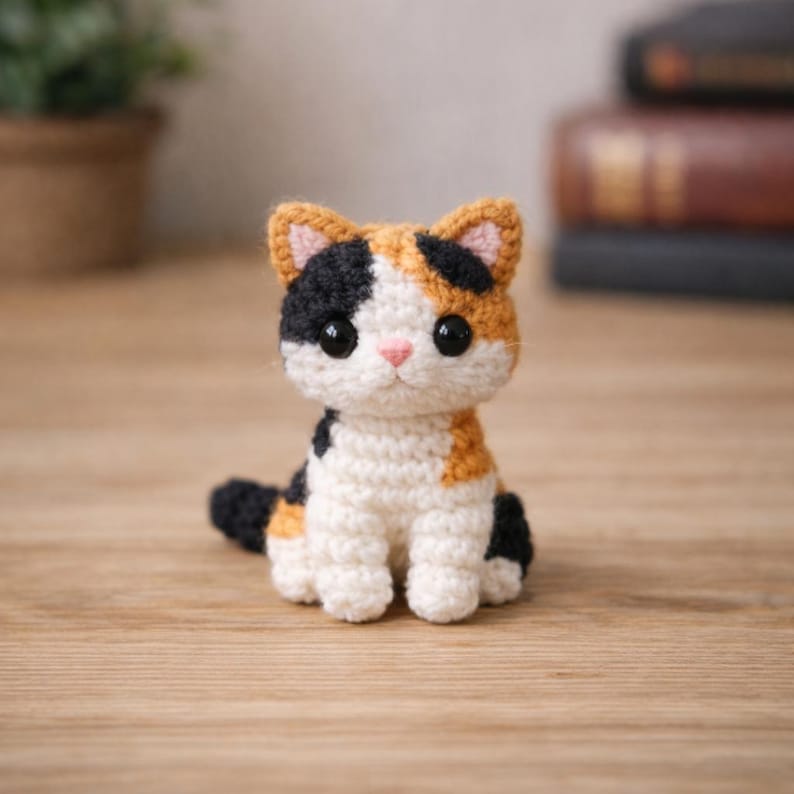 May include: A handmade crochet cat figurine in a sitting position. The cat has a white body with black and orange patches, large black eyes, and a pink nose. The ears are orange with pink inner details. The cat is sitting on a wooden surface.