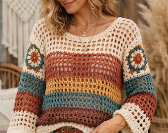 Suéter de crochet estilo bohemio, calado a rayas, detalle de manga estilo abuela, top tipo jersey (patrón en PDF)