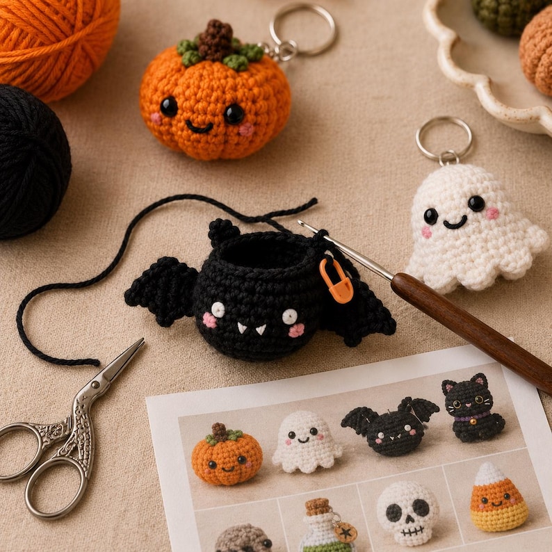 May include: A collection of crocheted Halloween items including an orange pumpkin keychain, a white ghost keychain, and a black bat pouch with a metal crochet hook, orange stitch marker, and silver scissors, alongside a printed pattern guide.