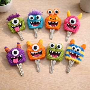 Puede incluir: Una colección de ocho cubiertas de llaves de monstruos de ganchillo coloridas. Cada cubierta presenta un diseño único con ojos saltones, dientes y varios estilos de cabello o cuernos. Las cubiertas de las llaves son en tonos de verde, azul, naranja, morado, rosa y amarillo.