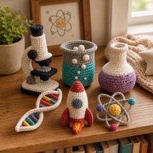 May include: A collection of crocheted science-themed items including a microscope, a beaker with bubbles, a round flask, a DNA strand with rainbow rungs, a rocket ship with orange flames, and an atom model with a yellow center and colorful spheres.