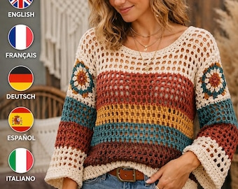 Boho-gehaakte trui, opengewerkt gestreept, omamouwen, pullover (pdf-patroon)
