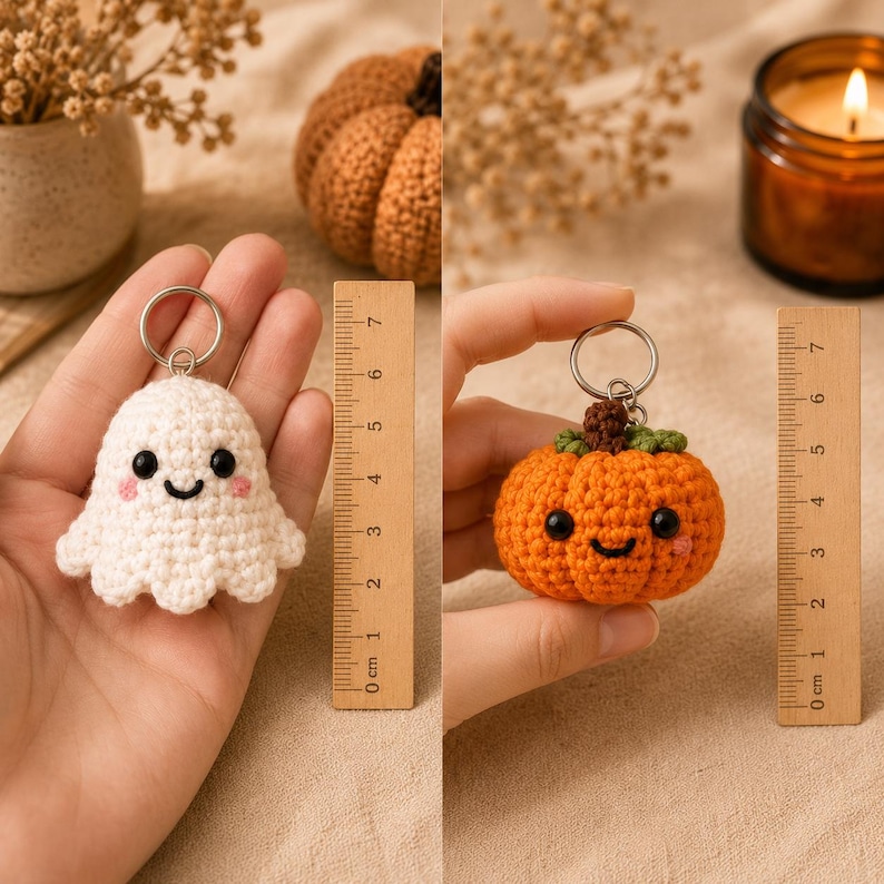 May include: Two crochet keychains featuring a white ghost and an orange pumpkin, each with black bead eyes and a stitched smile. The ghost measures approximately 2.5 inches in height, and the pumpkin measures approximately 2 inches in height.