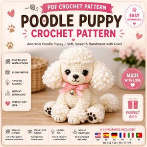 Könnte beinhalten: Eine PDF-Häkelanleitung für einen cremefarbenen Pudelwelpen. Das Dokument enthält den Text Poodle Puppy Crochet Pattern, Schritt-für-Schritt-Anleitungen, klare Fotos und Tipps. Das fertige Plüschtier hat schwarze Augen, ein rosa Band und ein kleines Glöckchen.