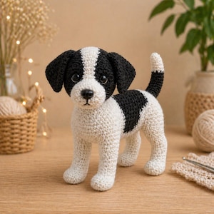 May include: A handmade crochet puppy in black and white. The dog has black ears, a black patch on its back, and a black tail tip. The puppy is standing on four legs and has a cute, friendly expression. The crochet work is detailed and textured.