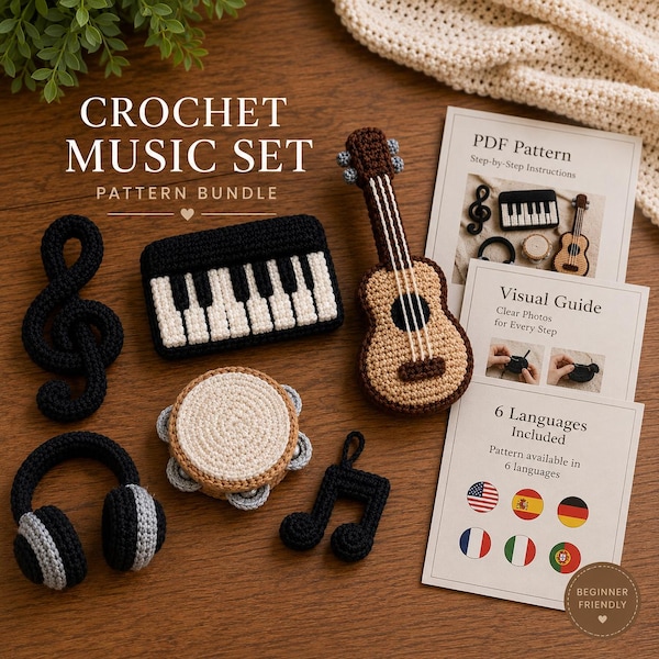 Gehaakte muziekset met amigurumi-patronen, toetsenbord, gitaar, notities (pdf-download)