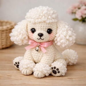 May include: A handmade, white crochet poodle dog with black eyes and a pink bow. The dog has a fluffy head and ears, with paw prints on its feet. A small silver bell hangs from the pink ribbon around its neck.