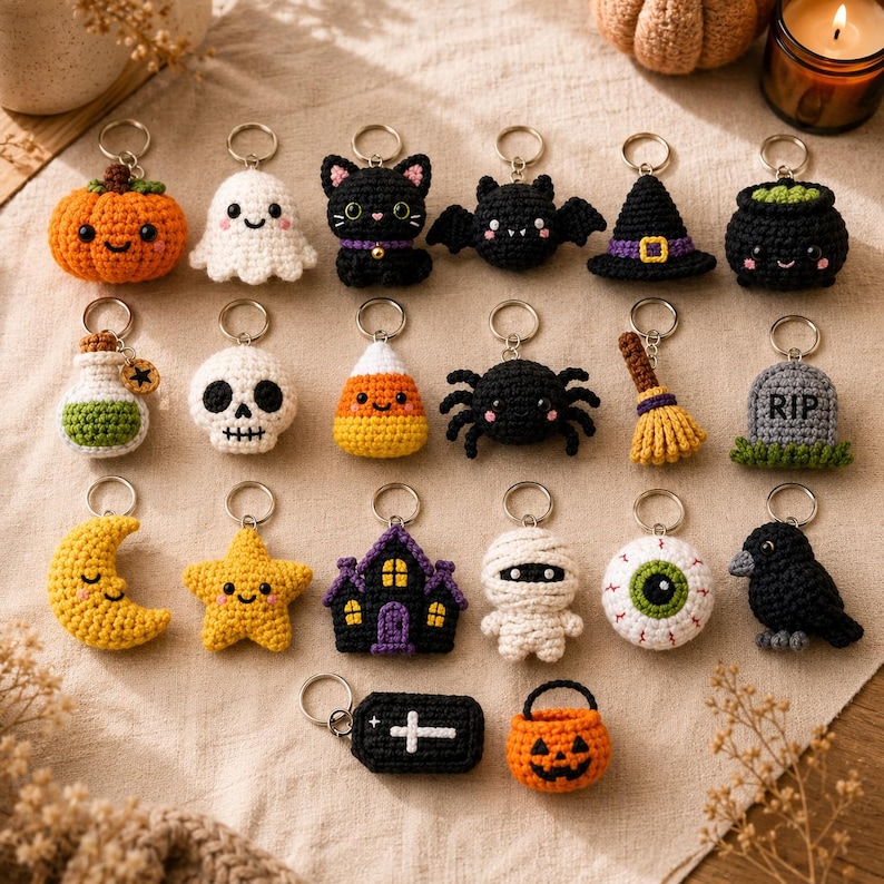 Crochet Halloween Keychain Pattern PDF, 20 Amigurumi Charms (Digital Download) image 1