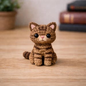 May include: A handmade crochet cat figurine in shades of brown with dark stripes. The cat has large black eyes, a pink nose, and pink inner ears. The cat is sitting on a wooden surface.