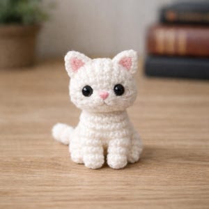 May include: A handmade, white crochet cat figurine with pink accents on the ears and nose. The cat has large, black eyes and is sitting upright. The craft project is displayed on a wooden surface.