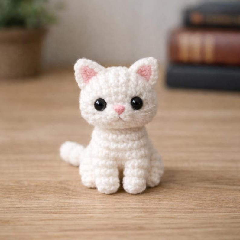 May include: A handmade, white crochet cat figurine with pink accents on the ears and nose. The cat has large, black eyes and is sitting upright. The craft project is displayed on a wooden surface.