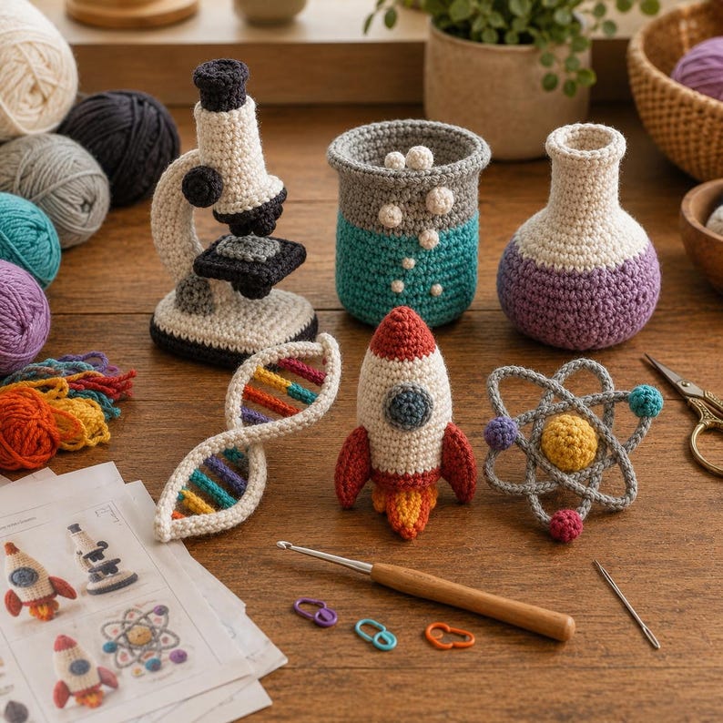 May include: A collection of crocheted science-themed items including a microscope, a beaker with bubbles, a round-bottom flask, a DNA strand, a rocket ship, and an atom model, accompanied by a crochet hook, stitch markers, and a needle.
