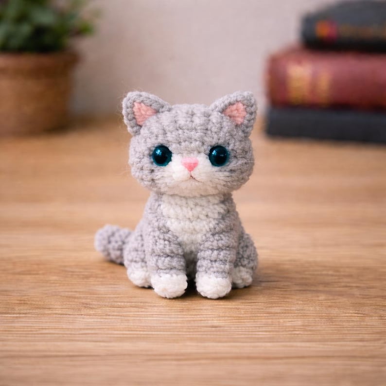 May include: A handmade crochet cat figurine in shades of gray and white. The cat has large, blue eyes, pink inner ears, and a pink nose. The cat is sitting on a wooden surface.
