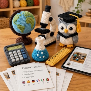 Patrón de crochet en PDF para laboratorio de aprendizaje de regreso a clases, microscopio de globo terráqueo, calculadora de búho, regla de matraz, set de amigurumi STEM, set de decoración DIY para regalo de profesor