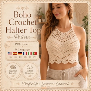 Könnte beinhalten: Ein cremefarbenes Häkel-Neckholder-Top mit einem detaillierten Spitzenmuster und einem gewellten Saum. Das Bild enthält den Text Boho Crochet Halter Top Pattern, PDF Pattern, 6 Languages, Beginner Friendly, Instant Download und Perfect for Summer Crochet.