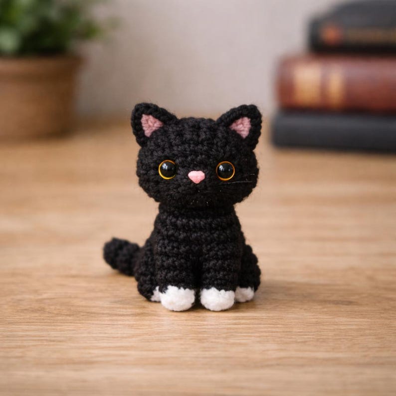 May include: A handmade black crochet cat with white paws, pink inner ears, and a pink nose. The cat has golden eyes and is sitting upright. The cat is a cute, decorative item.