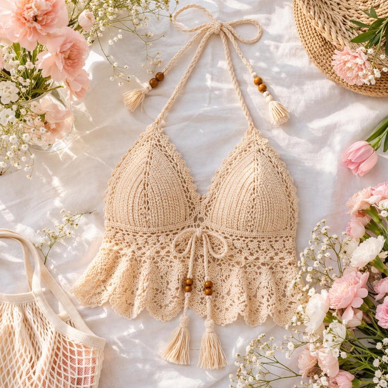 Haut brassière au crochet fait main, vêtements de plage dos nu en dentelle bohème, vêtements de festival d'été image 9