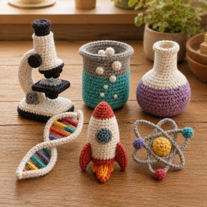 May include: A collection of six crocheted science-themed items including a cream and black microscope, a teal and gray beaker with white bubbles, a cream and purple flask, a multi-colored DNA strand, a red and cream rocket, and a gray atom model.