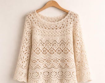 Ivory Crochet Lace Sweater, Handmade Boho Cottagecore Pullover, Lightweight Summer Top