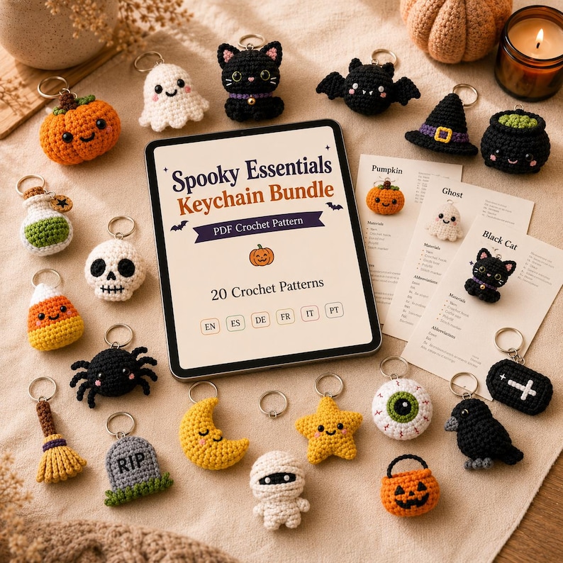 May include: A Spooky Essentials Keychain Bundle PDF crochet pattern tablet display surrounded by various small crocheted Halloween-themed keychains including a pumpkin, ghost, black cat, bat, witch hat, cauldron, skull, candy corn, spider, broom, tombstone, moon, star, mummy, eyeball, raven, and coffin.