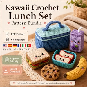 Pode incluir: Um conjunto de padrões de crochê Kawaii Lunch Set com uma lancheira azul, uma caixa de suco roxa com canudo, um sanduíche, um recipiente azul-petróleo com duas fatias de maçã, um biscoito e uma banana amarela, todos com rostinhos.