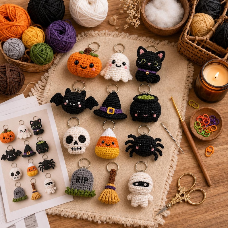 May include: A collection of crocheted Halloween-themed keychains including a pumpkin, ghost, black cat, bat, witch hat, cauldron, skull, candy corn, spider, tombstone with RIP text, broom, and mummy, arranged on a beige fabric mat.
