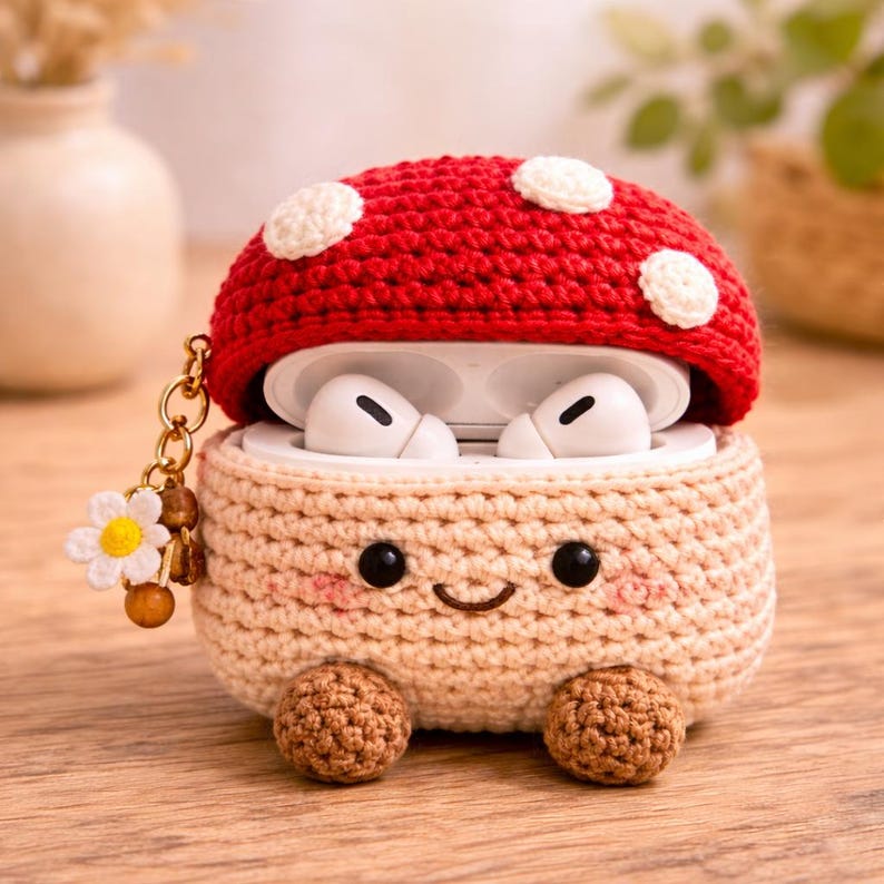 May include: A crochet case for wireless earbuds featuring a red mushroom cap top with white spots and a beige base with a stitched smiling face, pink cheeks, and two small brown feet. A gold chain with a small white flower charm is attached.