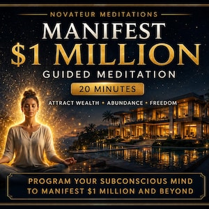 Op de afbeelding: Een digitale afbeelding voor een geleide meditatie van 20 minuten genaamd NOVATEUR MEDITATIONS MANIFEST $1 MILLION. Het toont een persoon die mediteert met een gouden aura, een luxe huis met zwembad 's nachts, en de tekst: ATTRACT WEALTH, ABUNDANCE, FREEDOM, PROGRAM YOUR SUBCONSCIOUS MIND TO MANIFEST $1 MILLION AND BEYOND.