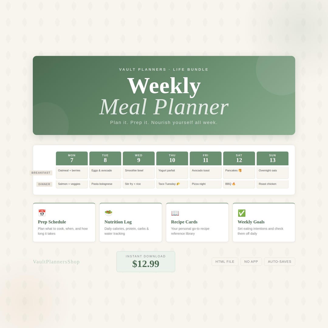 Weekly Meal Planner 2026 — Interactive HTML Digital Planner, 7-day Meal ...