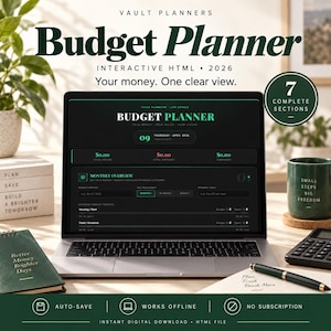May include: A laptop displaying an interactive 2026 budget planner with a dark interface. The screen shows financial categories, monthly overview, and income tracking. Text includes Vault Planners, Your money. One clear view., and 7 complete sections.