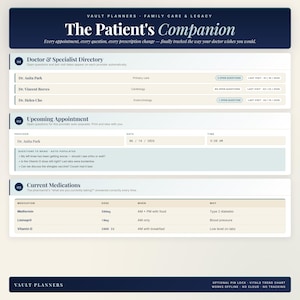 May include: A digital patient companion planner with sections for doctor directory, upcoming appointments, and current medications. The planner includes the text "The Patient's Companion" and lists medication dosages and times. It also includes the text "Optional Pin Lock, Vitals Trend Chart, Works Offline, No Cloud, No Tracking."