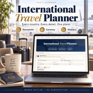 May include: A digital International Travel Planner displayed on a laptop screen, featuring sections for documents, currency, and itinerary. A white mug with the text Good Trips Better Stories and a blue passport rest on the desk beside the laptop.