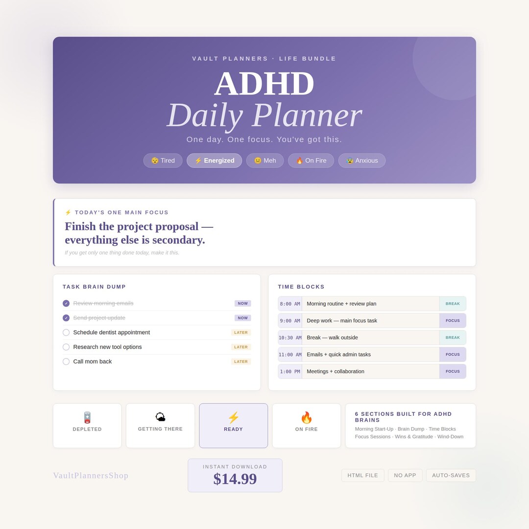 ADHD Daily Planner 2026 — Interactive HTML Digital Planner, Brain Dump ...