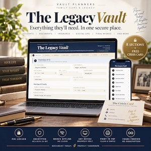 May include: The Legacy Vault digital planner displayed on a laptop and smartphone screen, featuring sections for vital stats, documents, and insurance. Includes a printed Crisis Card, text detailing security features, and a list of eight organizational sections.