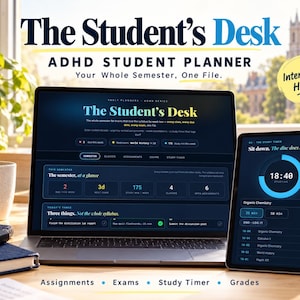 Könnte beinhalten: Ein Laptop und ein Tablet zeigen The Student's Desk ADHD Student Planner, eine interaktive HTML-Oberfläche. Die Bildschirme zeigen akademische Dashboards mit Semesterübersichten, Aufgabenverfolgung und einen Lerntimer mit einer blauen Uhr.