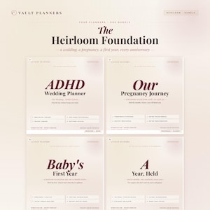 May include: A product image featuring four planners from Vault Planners. The planners are titled: ADHD Wedding Planner, Our Pregnancy Journey, Baby's First Year, and A Year, Held. The text "The Heirloom Foundation" is displayed above the planners.