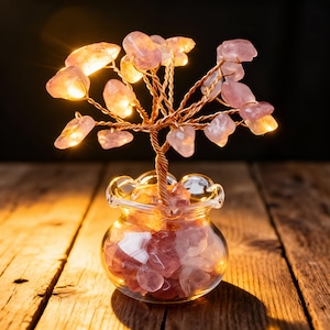 Può includere: Una scultura decorativa a forma di albero con tronco e rami in filo di rame, ornata da foglie di pietre preziose rosa. L'albero è posto in un vaso di vetro trasparente pieno di pietre preziose rosa. Le foglie sono illuminate da piccole luci.