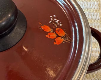 Vintage Floral Enamel Brown Stock Pot