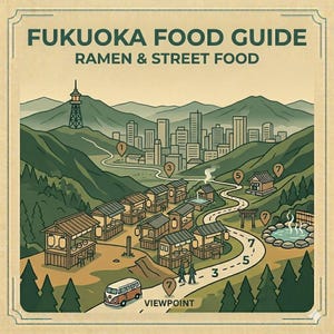 Puede incluir: Guía ilustrada de comida de Fukuoka con ramen y comida callejera. La imagen muestra una ruta escénica con puestos de comida, un paisaje urbano y un autobús vintage. La guía incluye puntos de interés numerados y la palabra "VIEWPOINT".