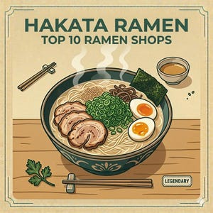 May include: Illustration of Hakata Ramen, a Japanese noodle soup, with the text "Hakata Ramen Top 10 Ramen Shops." The bowl contains noodles, sliced pork, green onions, eggs, and seaweed. Chopsticks and a small dish of sauce are also present.
