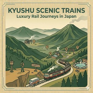 May include: An illustrated map of Kyushu Scenic Trains in Japan. The image features a train winding through a mountainous landscape with numbered points of interest, including temples, hot springs, and a viewpoint sign.