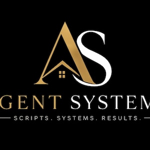 May include: A logo on a black background featuring a gold and white stylised AS monogram with a house roof and window icon integrated into the letter A. Below the monogram, the text AGENT SYSTEMS appears in gold, followed by the text SCRIPTS. SYSTEMS. RESULTS. in white.