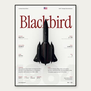 May include: A poster featuring a top-down view of a black SR-71 Blackbird aircraft. The text includes "Blackbird," "Lockheed Skunk Works," "USAF," and technical specifications like "Top speed Mach 3.3+" and "Length 107 ft 5 in" on a white background.