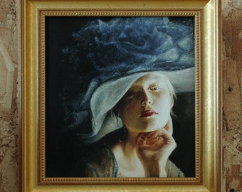 Portrait of a Girl in Blue Hat - Original Oil Paining