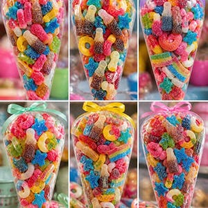 May include: Six clear cone-shaped bags filled with colorful gummy candies. Each bag is tied with a ribbon in a different color. The candies include gummy bottles, rings, stars, and rainbow shapes.