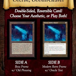 May include: A double-sided Magic: The Gathering card titled Orcrist, Goblin-cleaver. Side A features a beta frame with old phrasing, while Side B displays a modern retro frame with oracle text. Both sides show a glowing blue sword illustration.