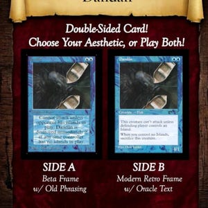 May include: A double-sided trading card titled Dandân featuring two versions of the same blue creature card. Side A displays the Beta frame with old phrasing, while Side B shows the Modern Retro frame with updated Oracle text. Both sides depict a dark fish illustration with two small boats on a blue background.